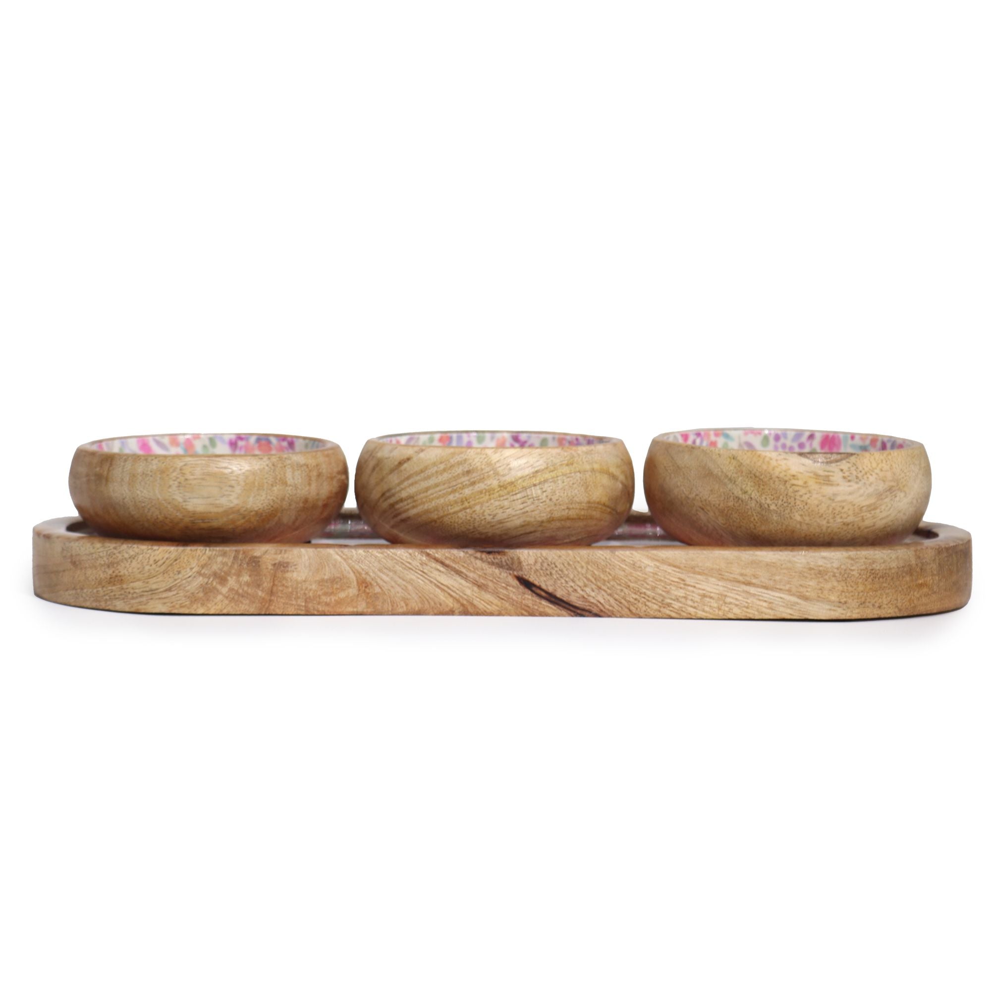 Handcrafted Mango Wood Tray with 3 Bowls – Floral Patterned Serving & Dip – detail view 2