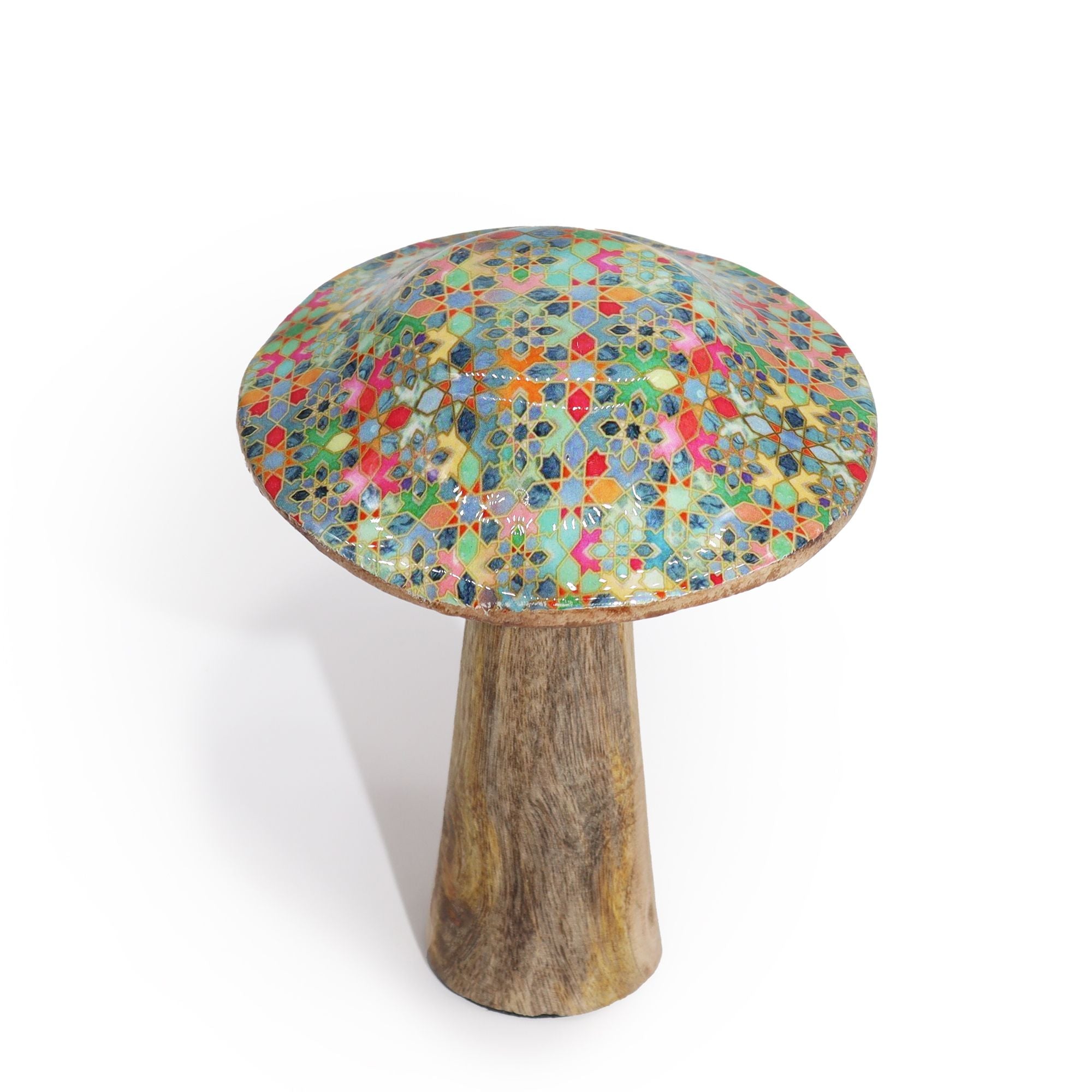 Small Enamelled Wooden Mushroom Ornament – 10cm – Mediterranean Tile Pattern – detail view 2 of wooden mushroom ornament