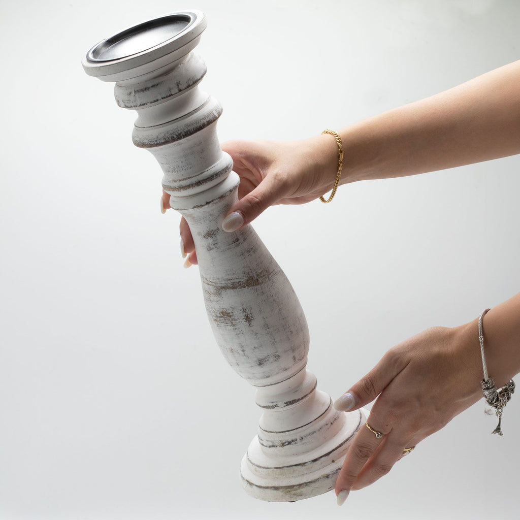 Classic Candle Stand – Whitewashed – Large – front product view of mango wood candle holder