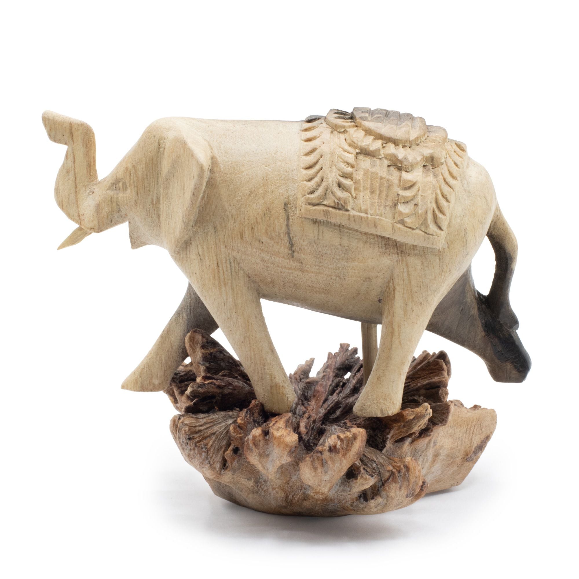 Hand-Carved Parasite Wood Walking Elephant Sculpture – detail view 3
