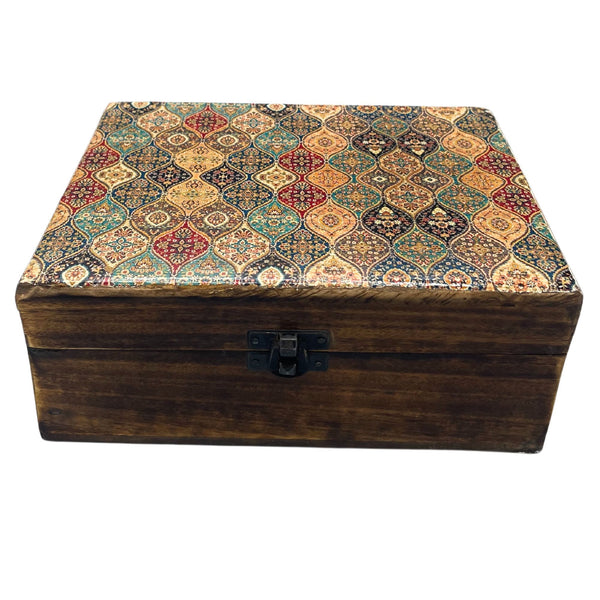 Large Ceramic-Glazed Wooden Keepsake Box – 20x15x7.5cm – Traditional Pattern – front product view of ceramic glazed wooden bo