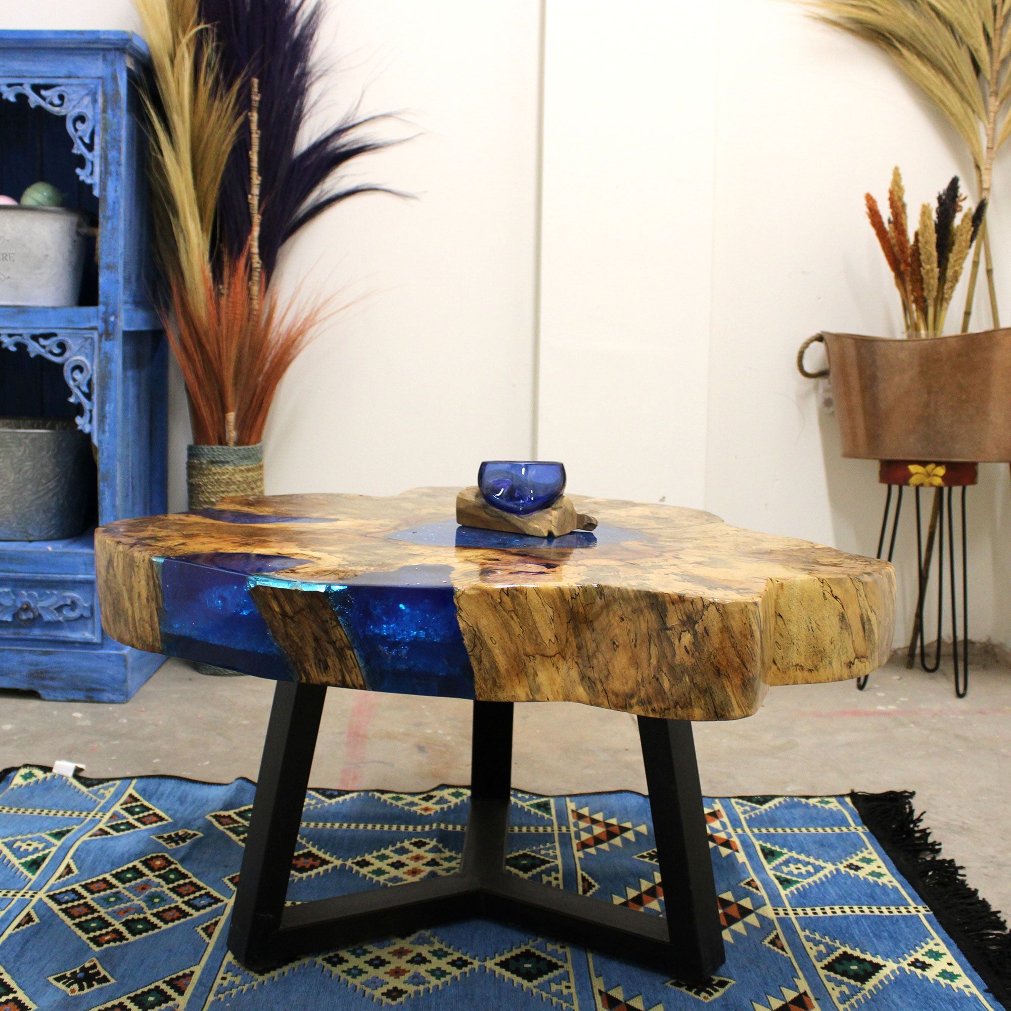 Live-Edge Tamarind Wood & Sky Blue Resin Coffee Table – detail view 3 of tamarind wood coffee table