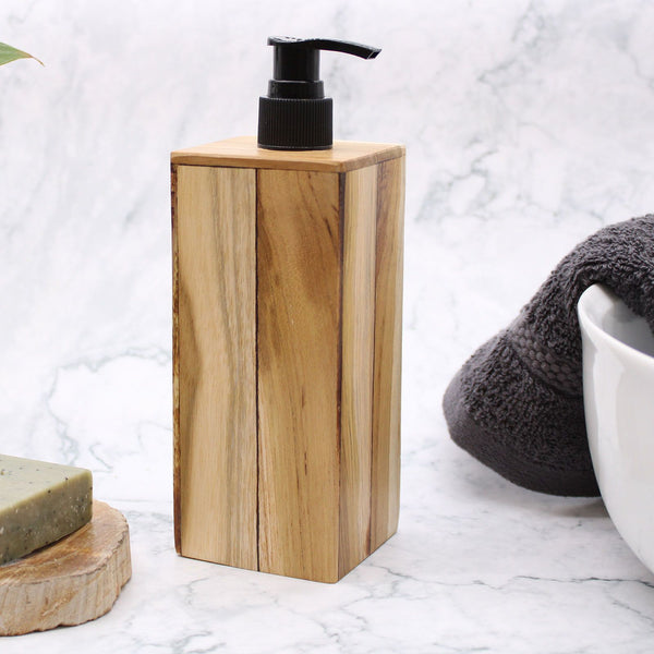 Natural Teak Wood Refillable Soap Dispenser – Square – front product view of teak soap dispenser