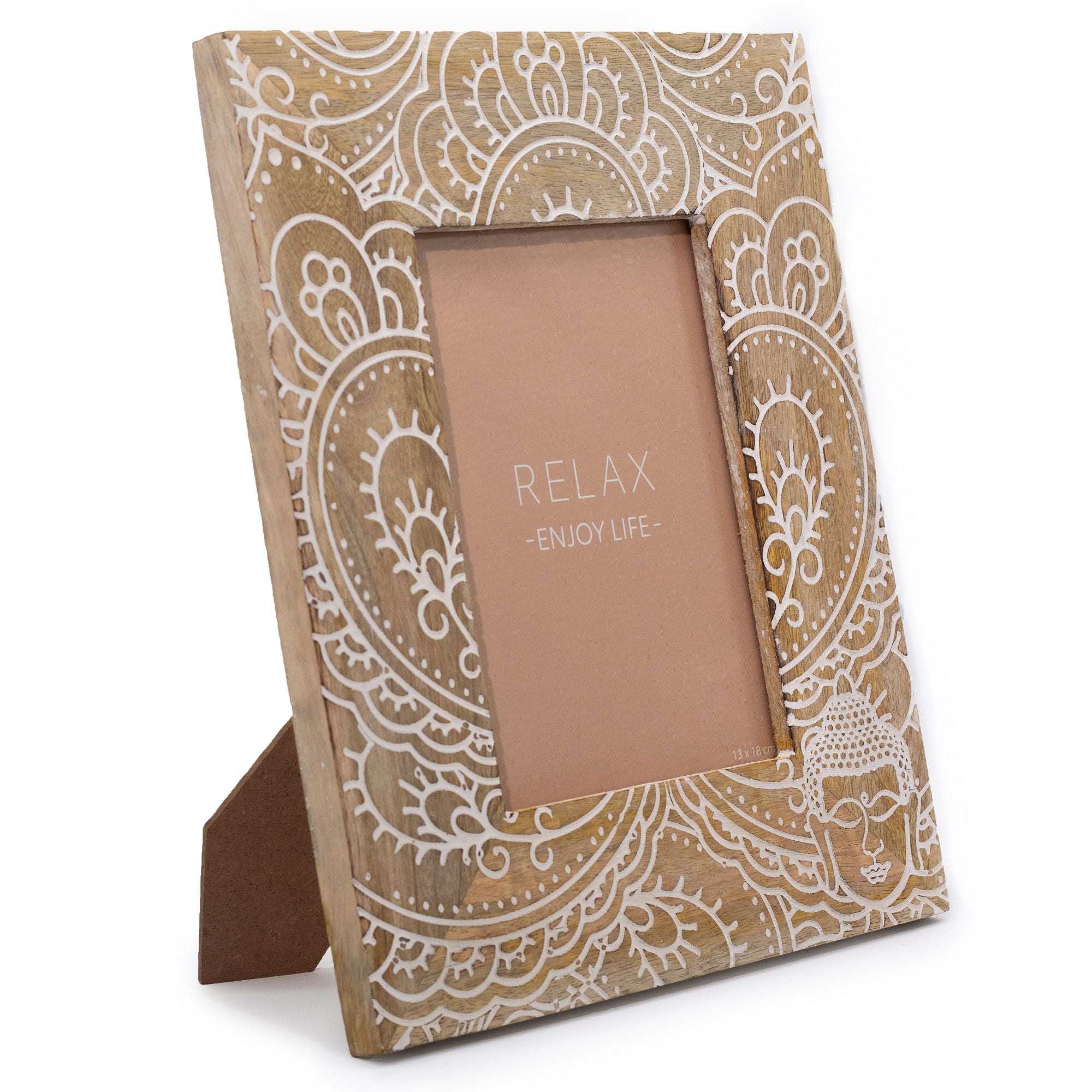 Large Mango Wood Picture Frame (for 13x18cm) 28x23x2cm – Buddha – White – front product view of mango wood picture frame