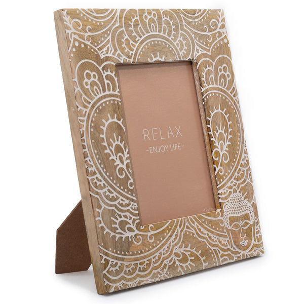 Large Mango Wood Picture Frame (for 13x18cm) 28x23x2cm – Buddha – White – front product view of mango wood picture frame