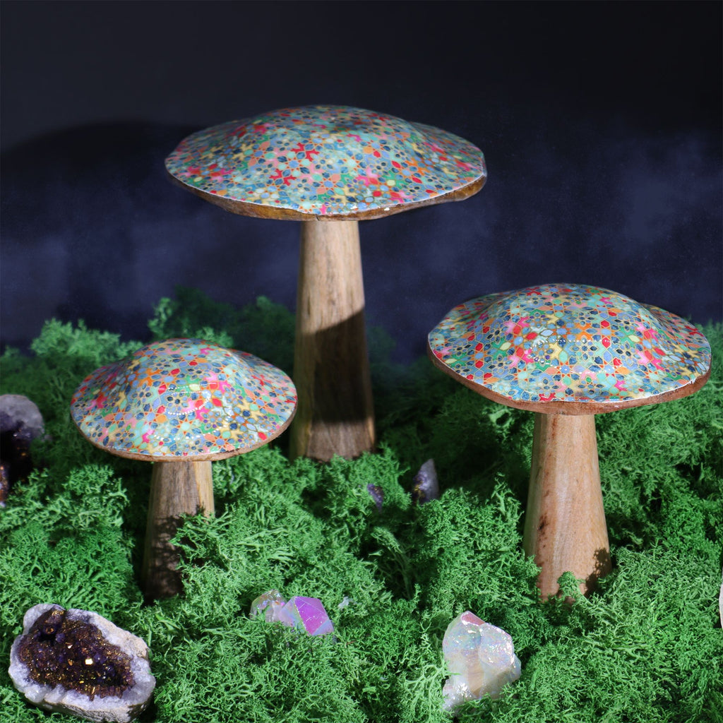 Small Enamelled Decorative Mushroom (10cm) – Mediterranean Tile Pattern – product view in resin and  wood