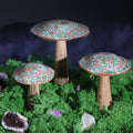 Small Enamelled Decorative Mushroom (10cm) – Mediterranean Tile Pattern – product view in resin and  wood