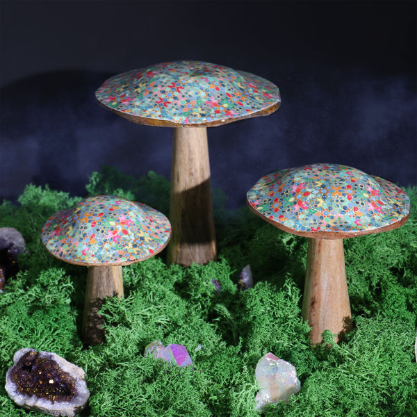 Small Enamelled Decorative Mushroom (10cm) – Mediterranean Tile Pattern – product view in resin and  wood