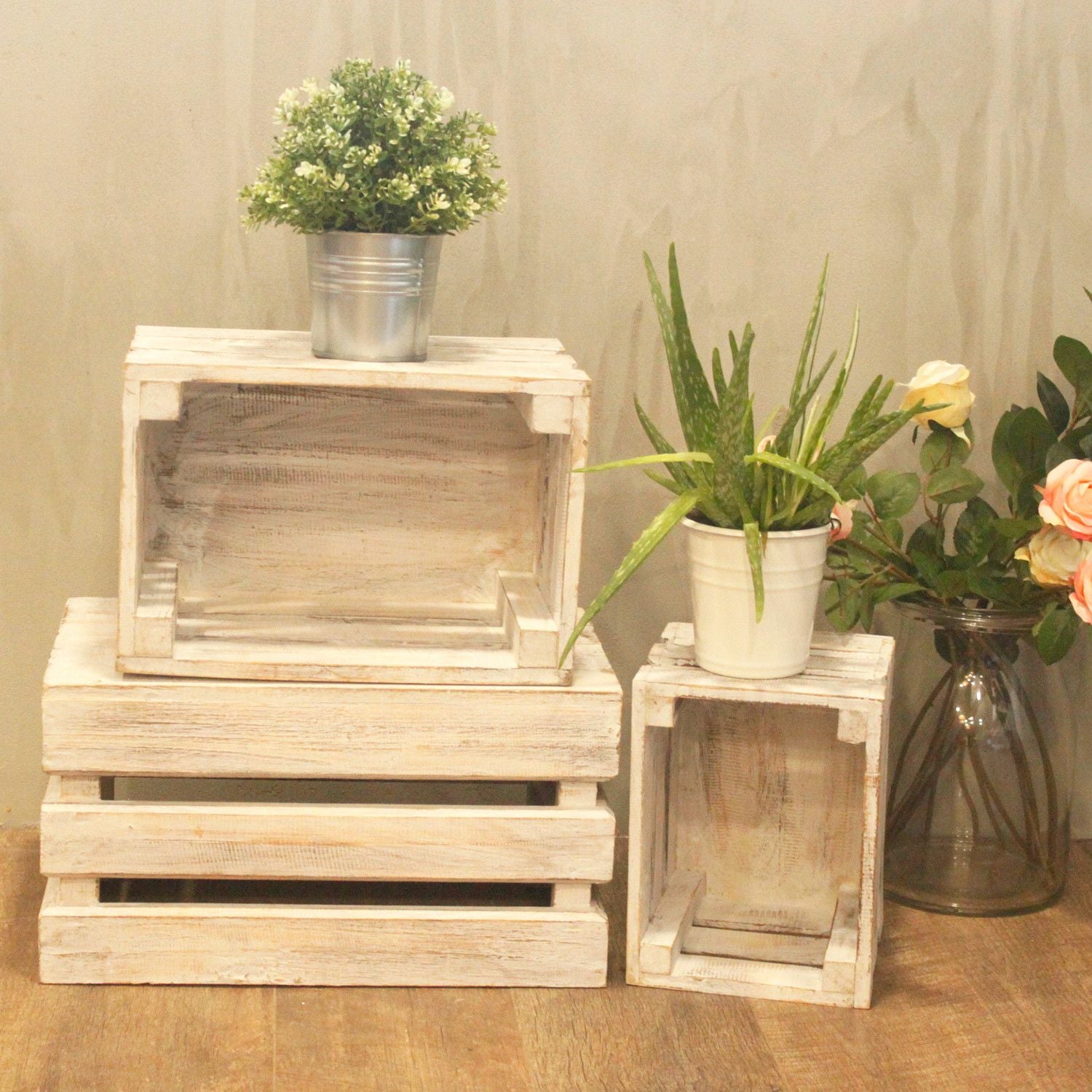 Rustic Wooden Nesting Storage Crates – Whitewashed (Set of 3) – detail view 4 of rustic wooden storage