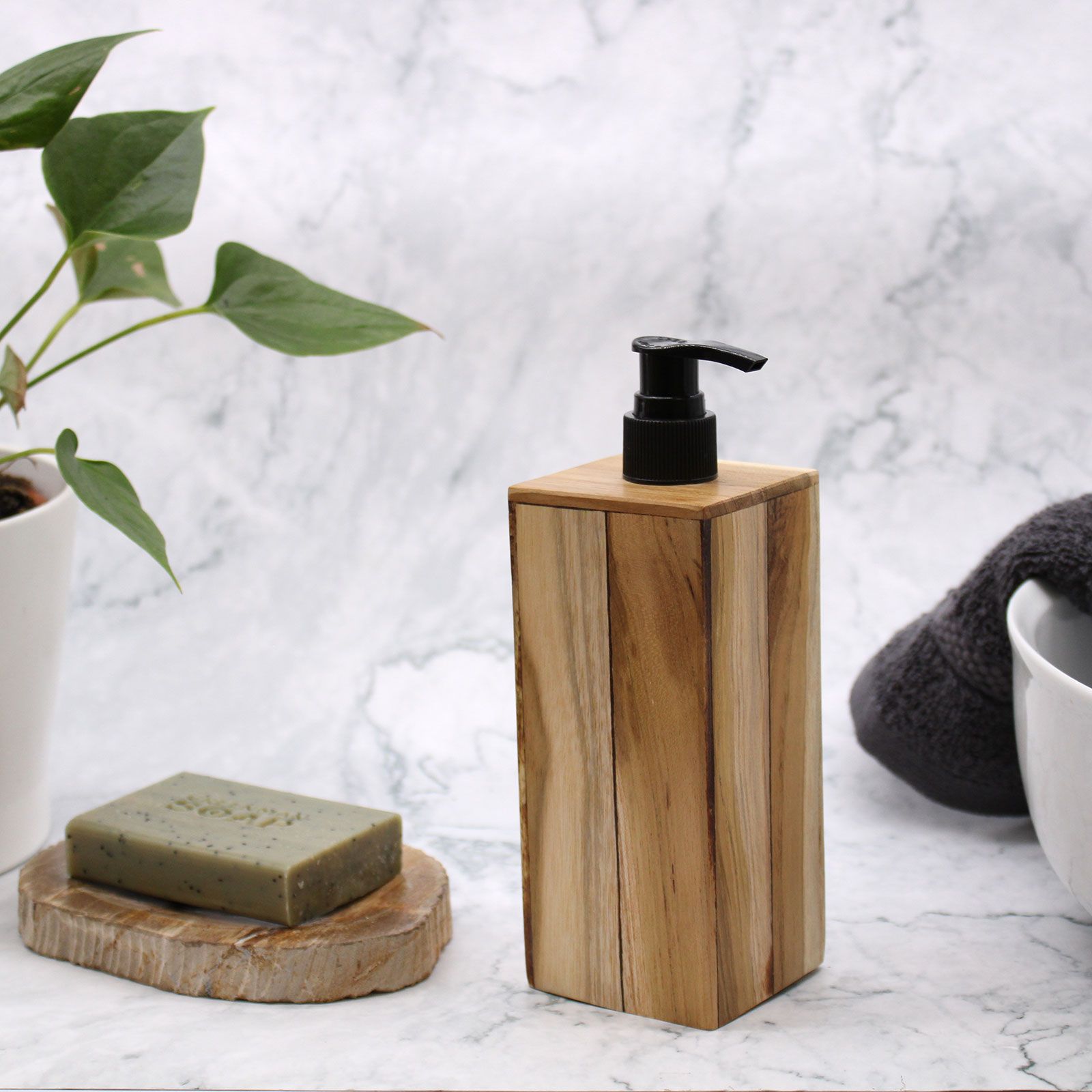Natural Teak Wood Refillable Soap Dispenser – Square – detail view 6 of teak soap dispenser