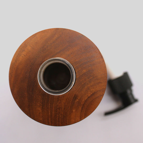 Natural Teak Wood Refillable Soap Dispenser – Taper – front product view of teak soap dispenser