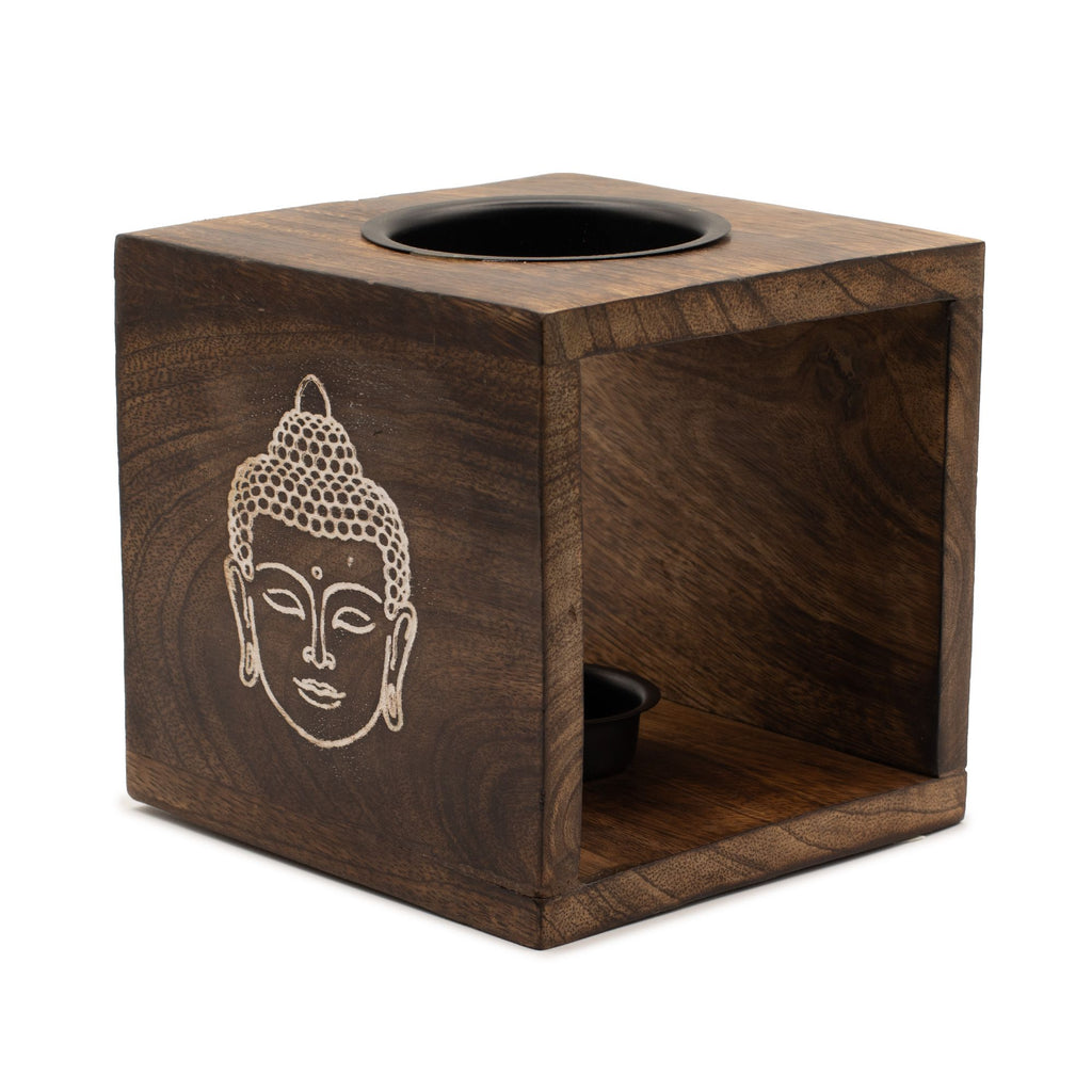 Large Square Mango Wood Buddha Face Oil Burner – Handcrafted Essential Oil – product view