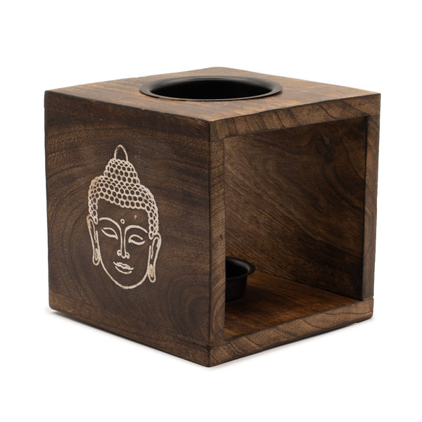 Large Square Mango Wood Buddha Face Oil Burner – Handcrafted Essential Oil – product view
