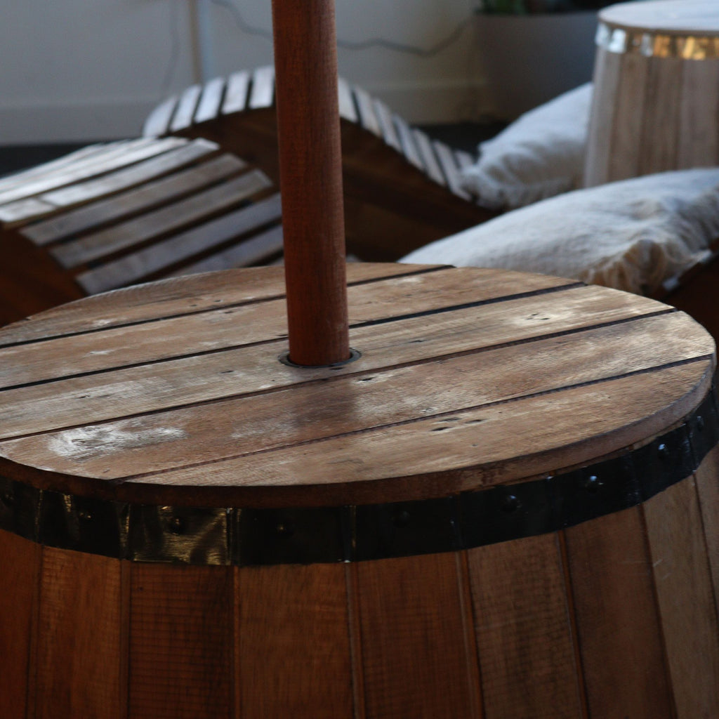Wooden Beer Barrel Stool & Parasol Stand – Natural Wood Garden Furniture – detail view 9