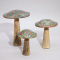 Small Enamelled Wooden Mushroom Ornament – 10cm – Mediterranean Tile Pattern – front product view of wooden mushroom ornament