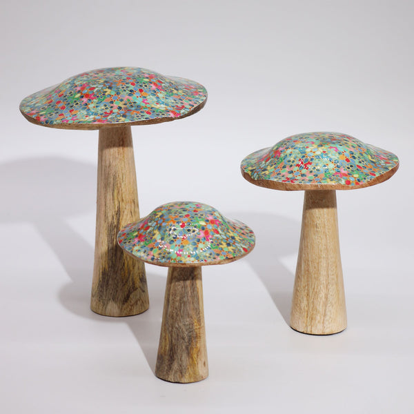 Small Enamelled Wooden Mushroom Ornament – 10cm – Mediterranean Tile Pattern – front product view of wooden mushroom ornament