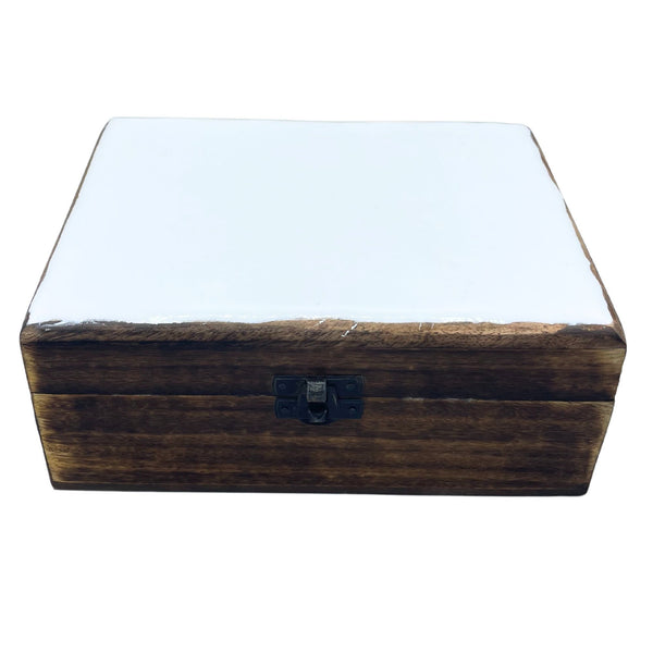 Large Ceramic-Glazed Wooden Keepsake Box – 20x15x7.5cm – White – front product view of ceramic glazed wooden box
