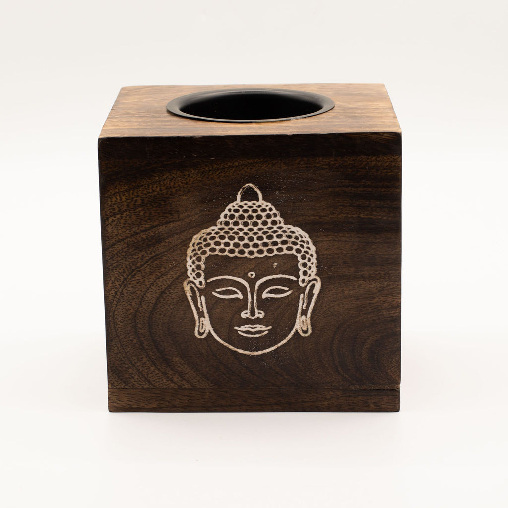 Large Square Mango Wood Buddha Face Oil Burner – Handcrafted Essential Oil – detail view 3