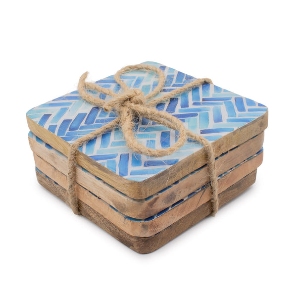 Set of 4 Square Coasters – Blue Stripes – front product view of mango wood tableware