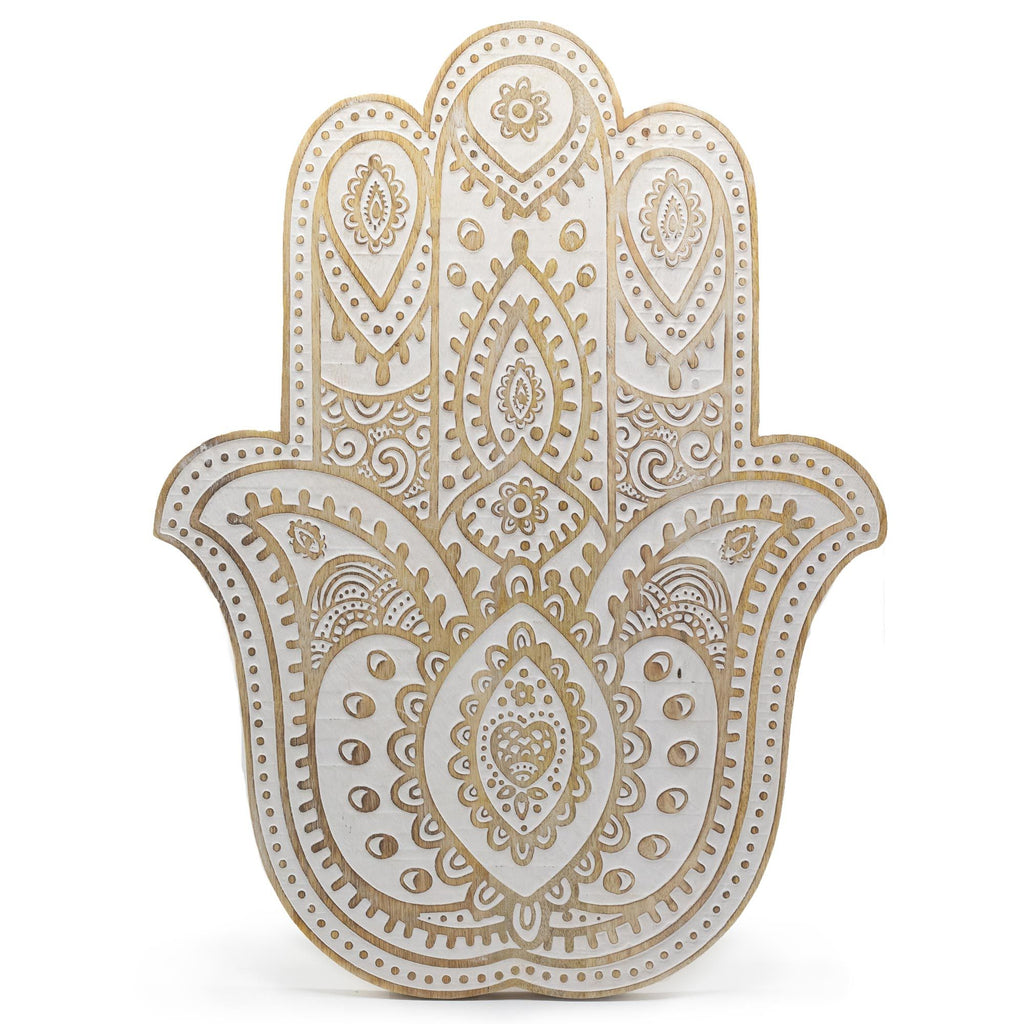 Hand-Carved Hamsa Hand Wooden Wall Plaque in Whitewash Finish – detail view 2