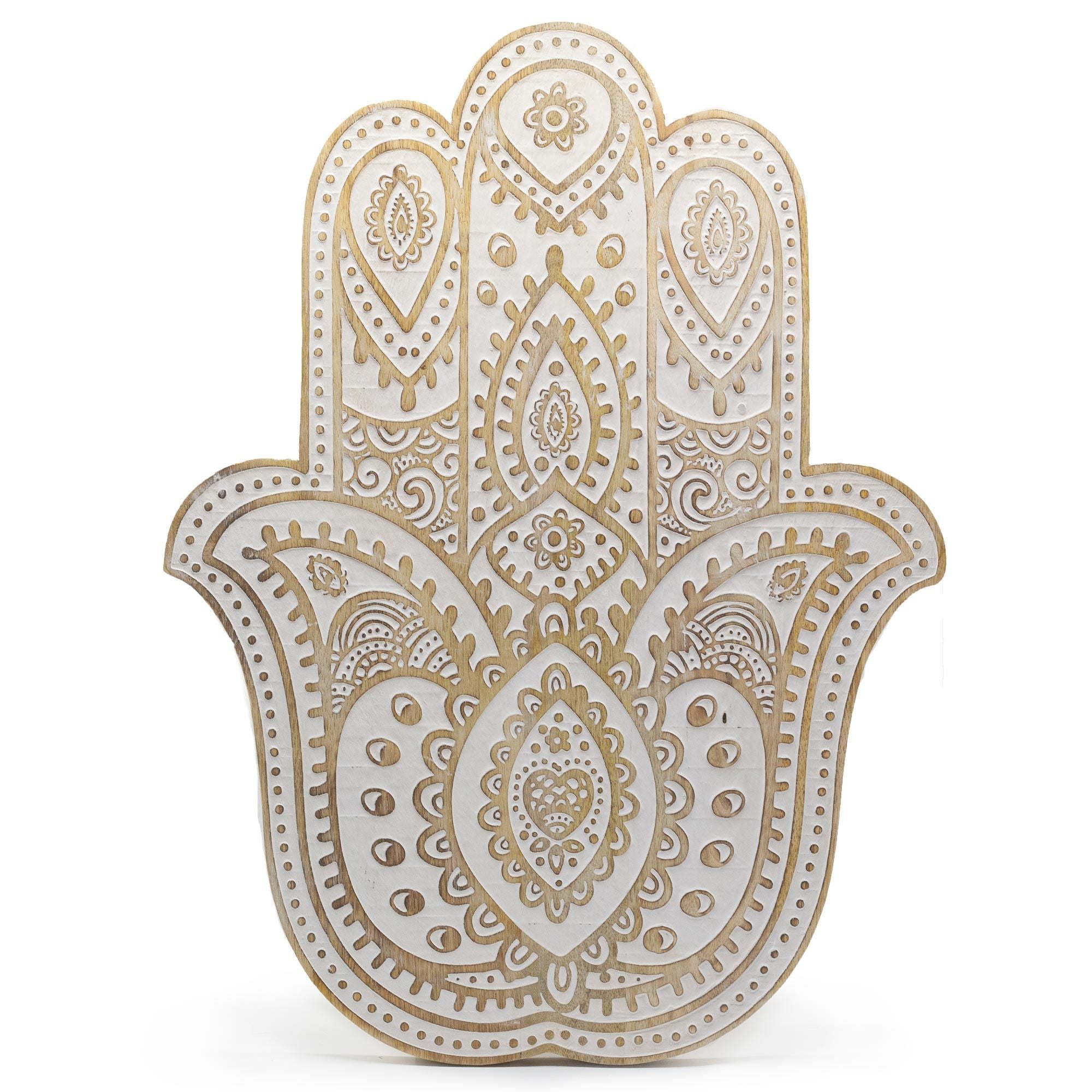 Hand-Carved Hamsa Hand Wooden Wall Plaque in Whitewash Finish – detail view 2