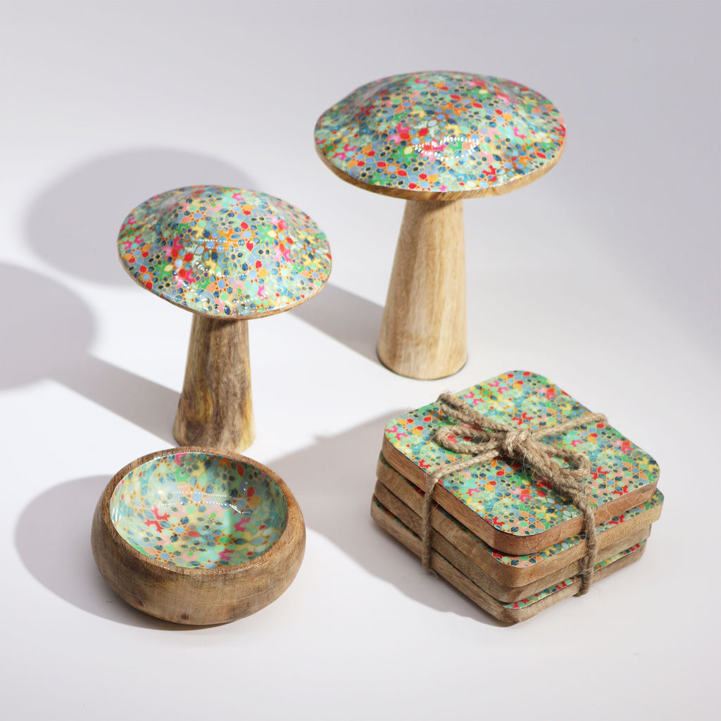 Small Enamelled Wooden Mushroom Ornament – 10cm – Mediterranean Tile Pattern – detail view 5 of wooden mushroom ornament