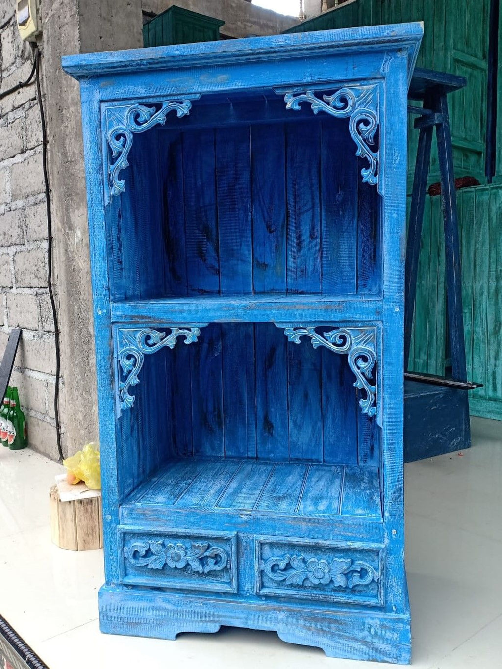Bluewashed Albasia Wood Bathroom Storage Cabinet – detail view 3 of wooden bathroom cabinet