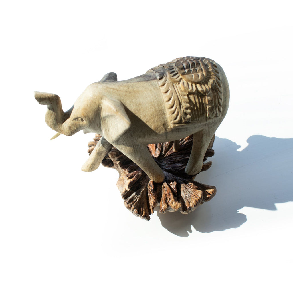 Hand-Carved Parasite Wood Walking Elephant Sculpture – detail view 2