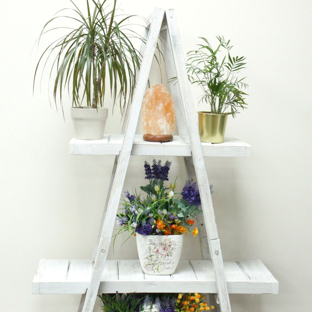 Folding Rustic Wood A-Frame Display Shelf – Whitewashed – detail view 3 of rustic wooden storage