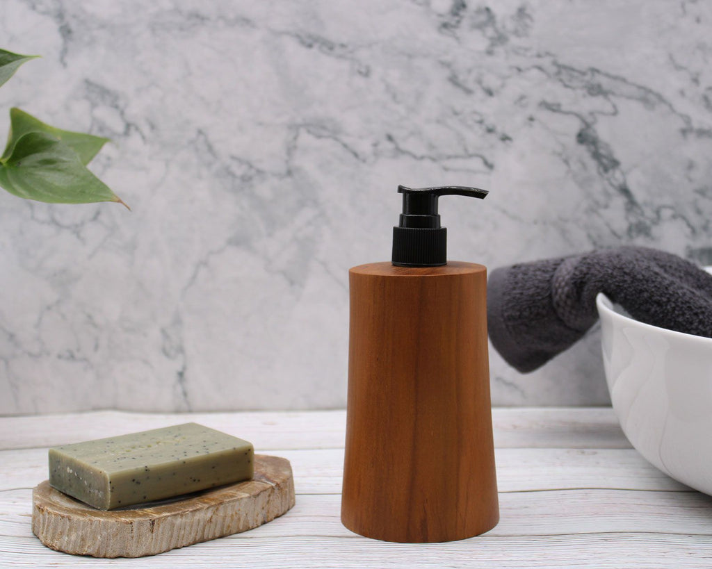 Natural Teak Wood Refillable Soap Dispenser – Taper – detail view 12 of teak soap dispenser
