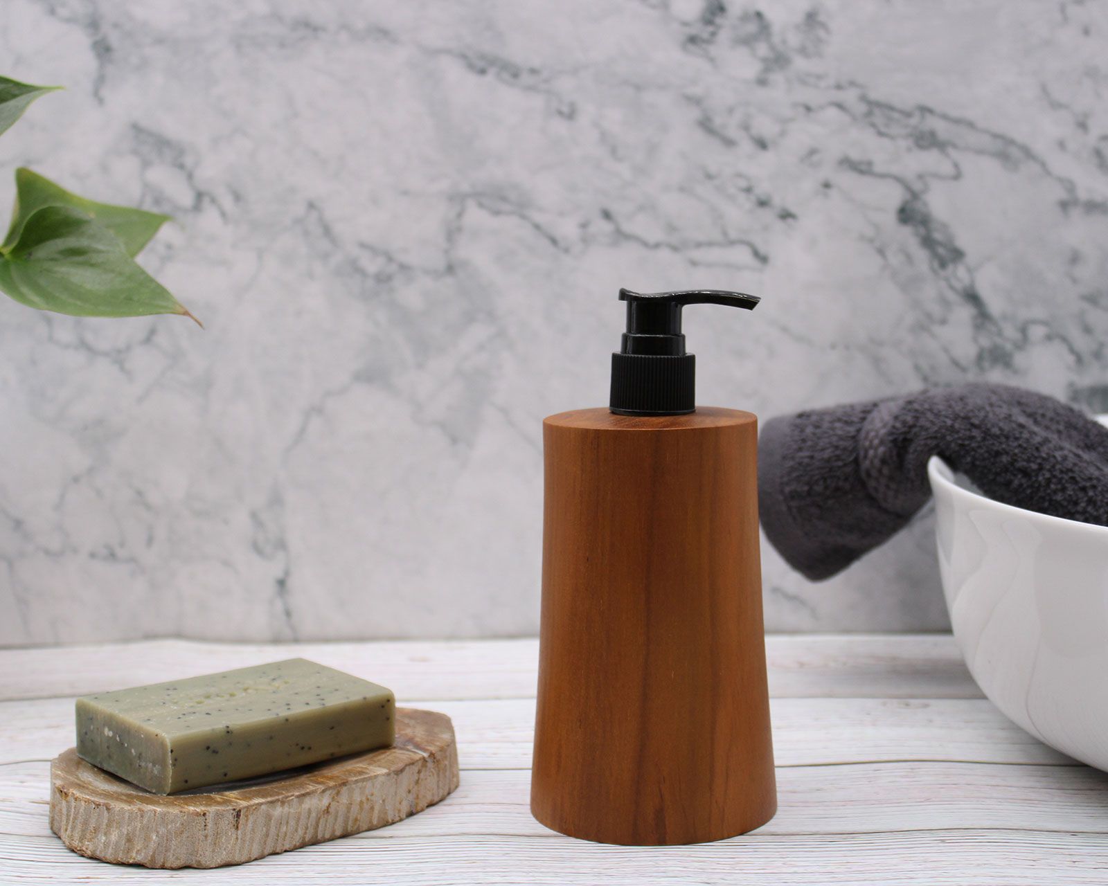 Natural Teak Wood Refillable Soap Dispenser – Taper – detail view 12 of teak soap dispenser