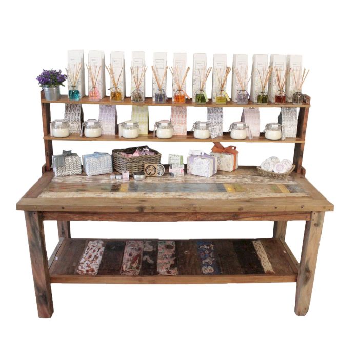 Reclaimed Teak 1.8m Display Table with Top Shelves – detail view 2 of reclaimed wood display furniture