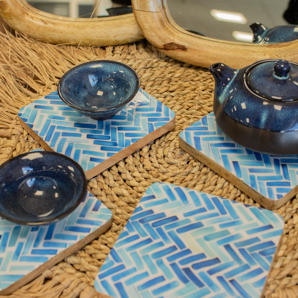 Set of 4 Square Coasters – Blue Stripes – detail view 2 of mango wood tableware