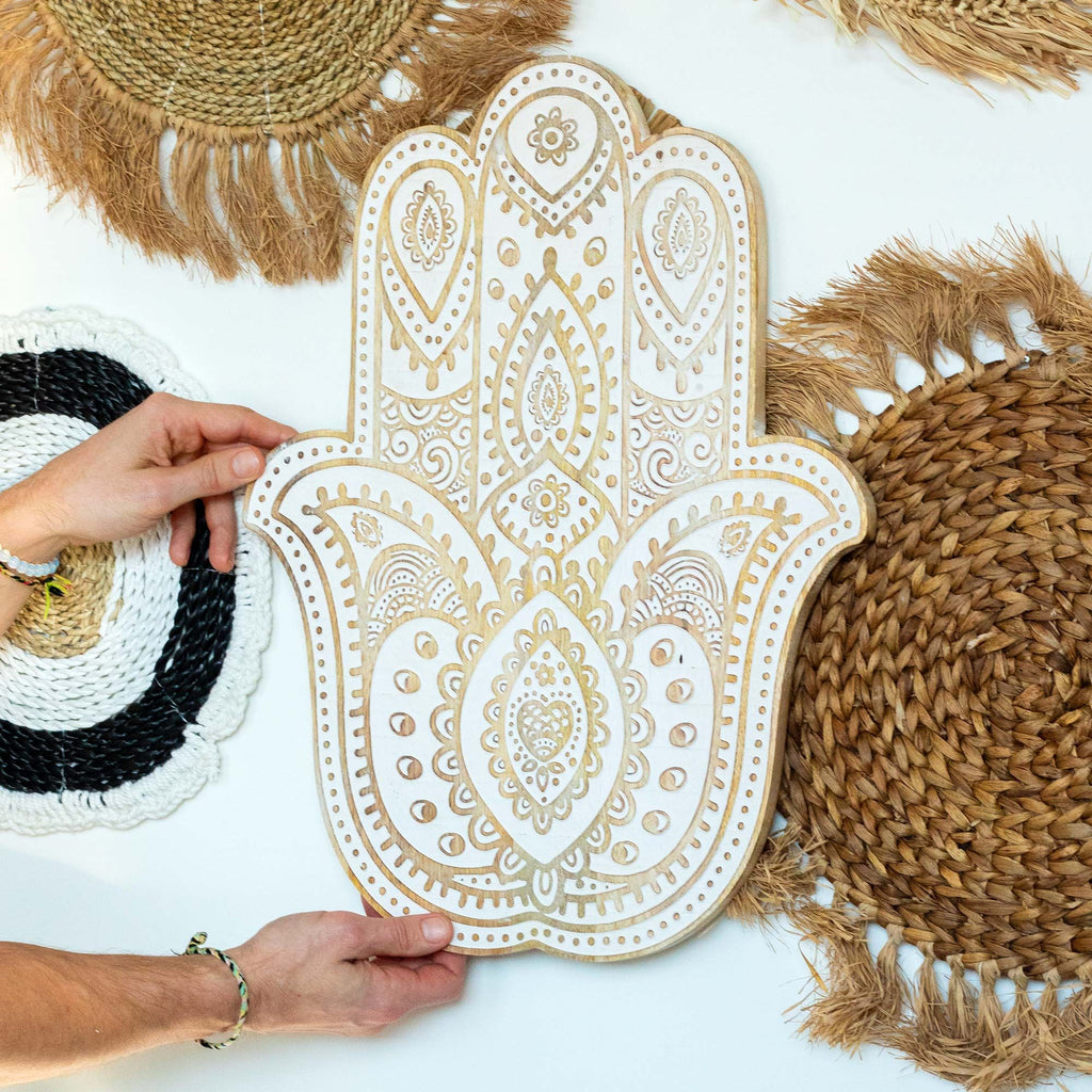 Hand-Carved Hamsa Hand Wooden Wall Plaque in Whitewash Finish – product view