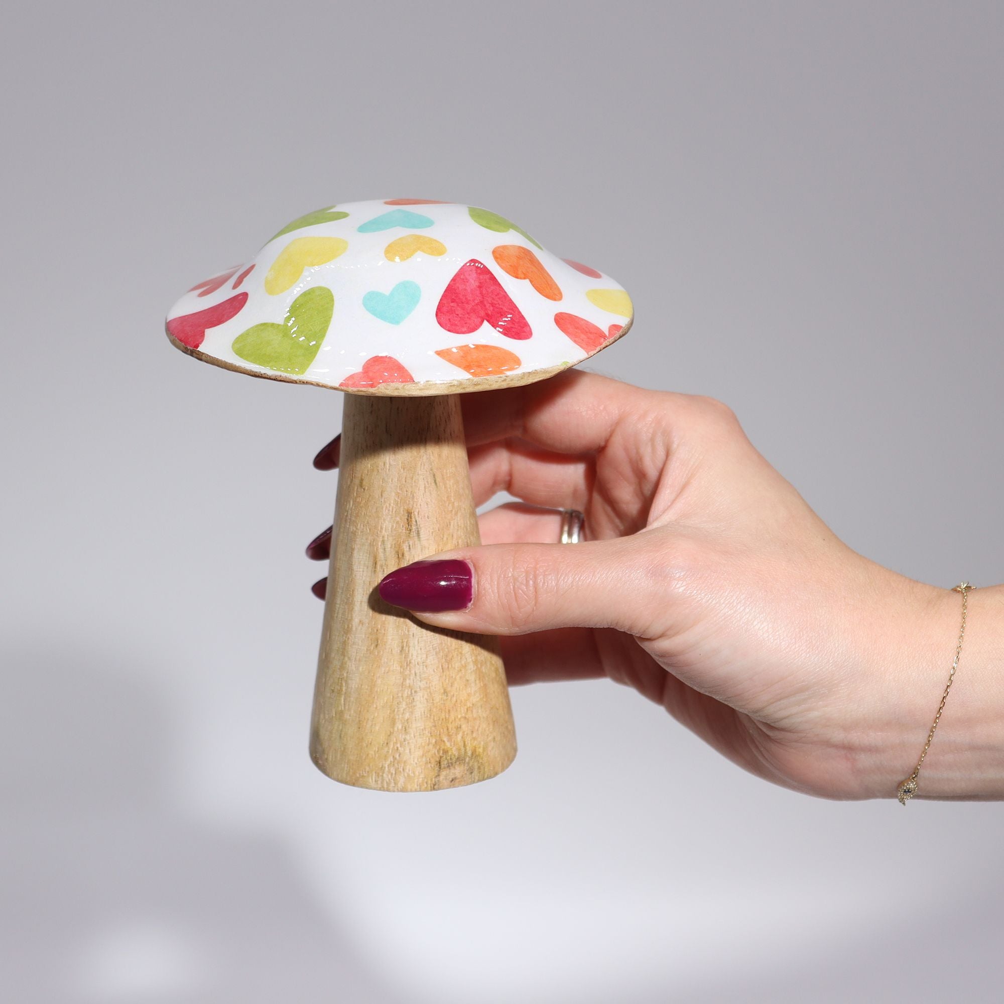 Small Enamelled Wooden Mushroom Ornament – 10cm – Mediterranean Tile Pattern – detail view 4 of wooden mushroom ornament