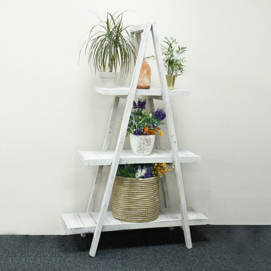 Folding Rustic Wood A-Frame Display Shelf – Whitewashed – detail view 2 of rustic wooden storage