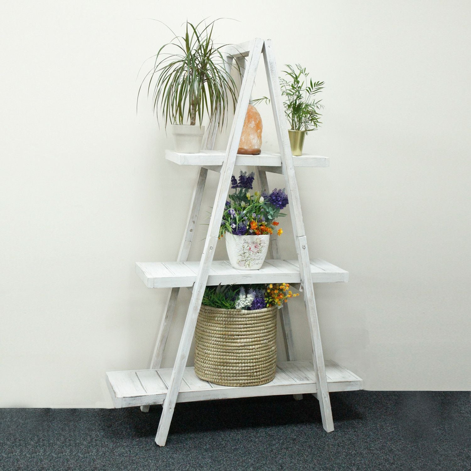 Folding Rustic Wood A-Frame Display Shelf – Whitewashed – detail view 2 of rustic wooden storage