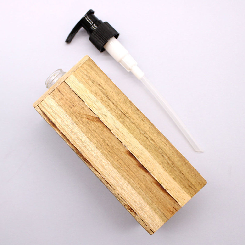 Natural Teak Wood Refillable Soap Dispenser – Square – detail view 3 of teak soap dispenser