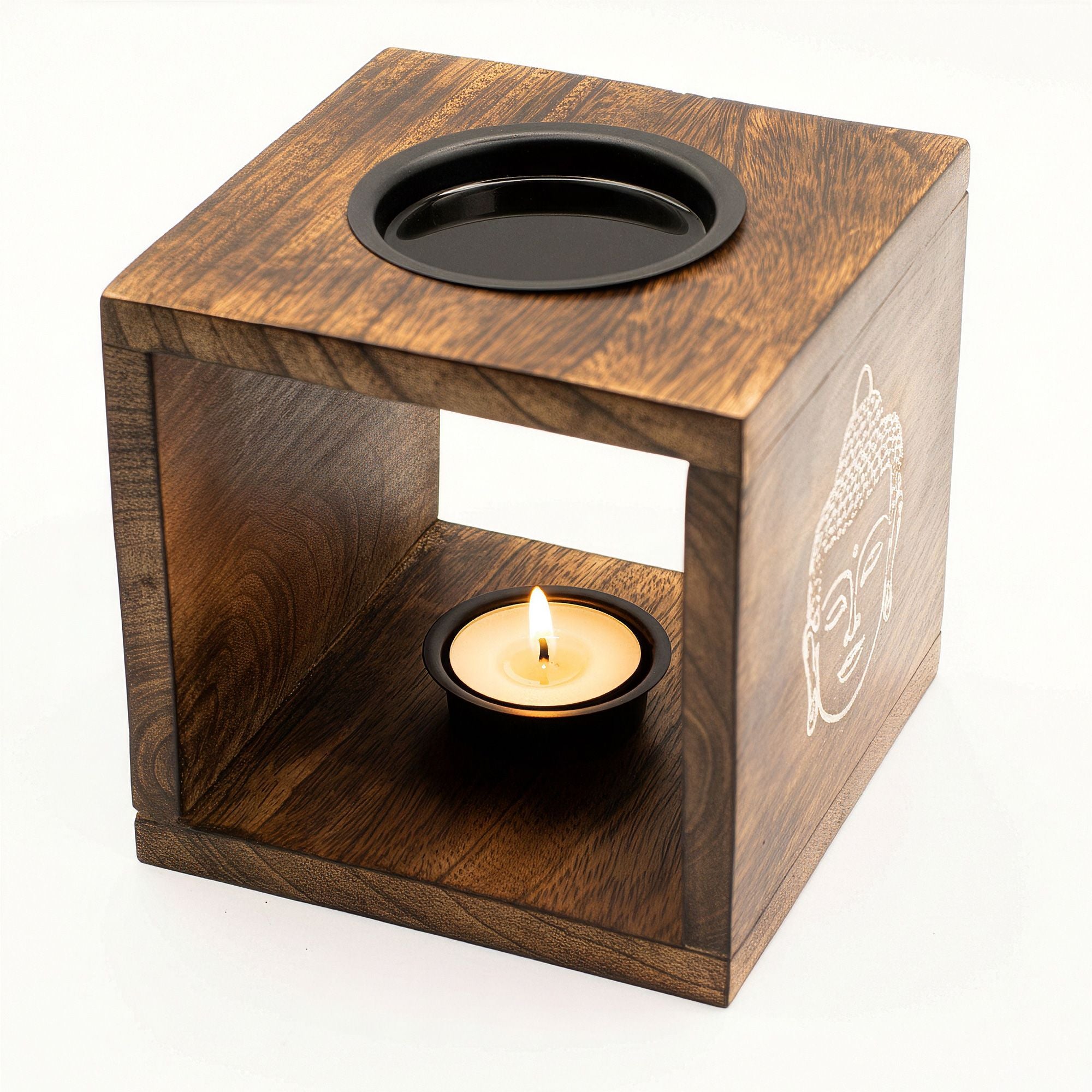 Large Square Mango Wood Buddha Face Oil Burner – Handcrafted Essential Oil – detail view 4