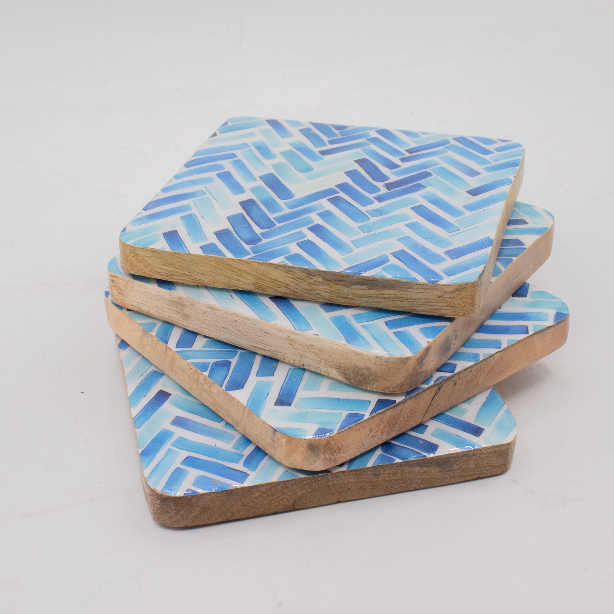 Set of 4 Square Coasters – Blue Stripes – detail view 3 of mango wood tableware