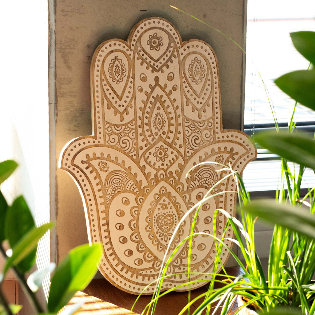 Hand-Carved Hamsa Hand Wooden Wall Plaque in Whitewash Finish – detail view 4