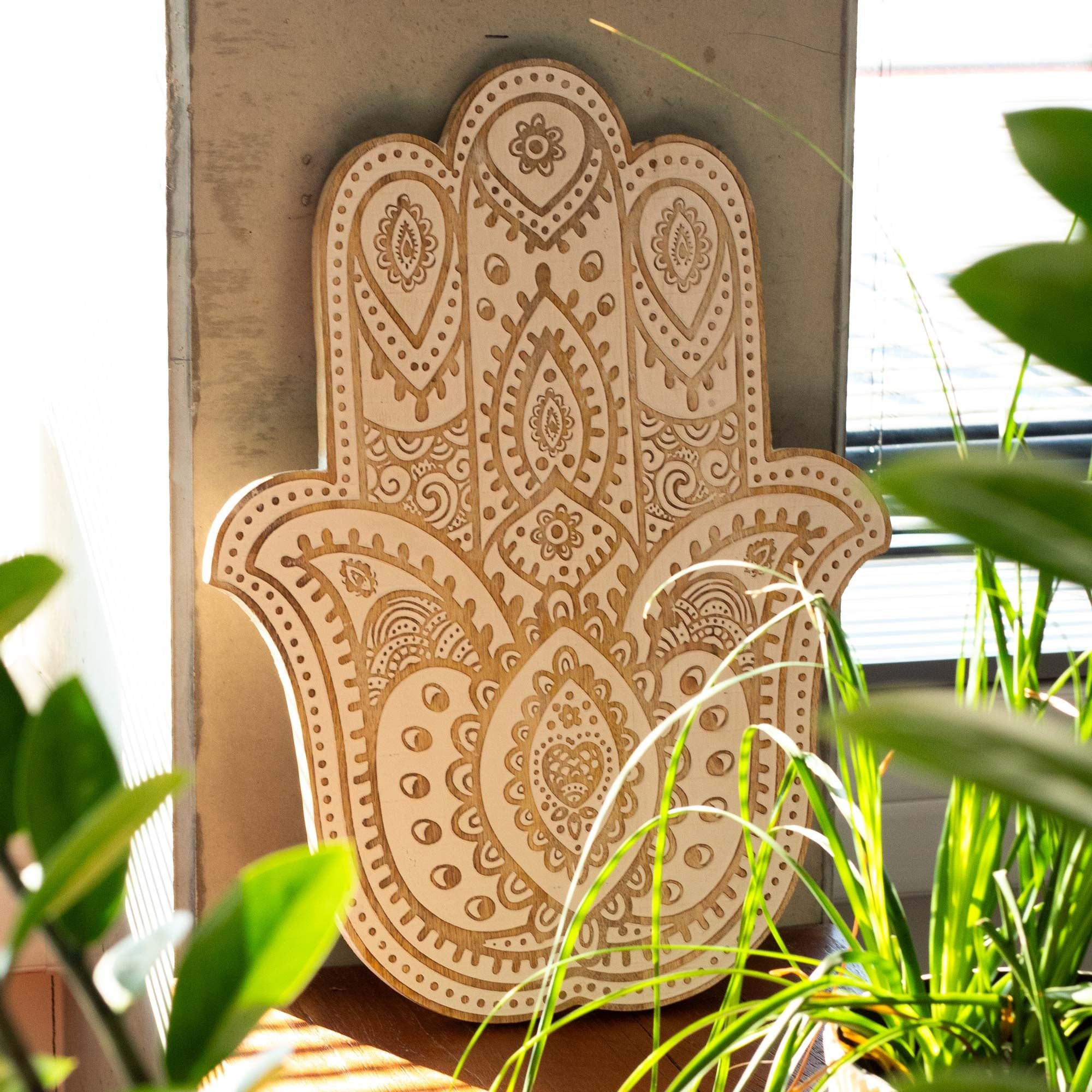 Hand-Carved Hamsa Hand Wooden Wall Plaque in Whitewash Finish – detail view 4