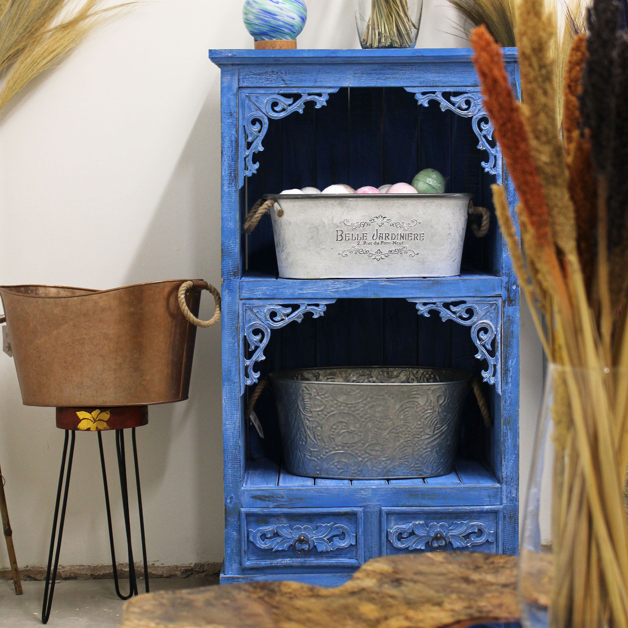 Bluewashed Albasia Wood Bathroom Storage Cabinet – detail view 2 of wooden bathroom cabinet