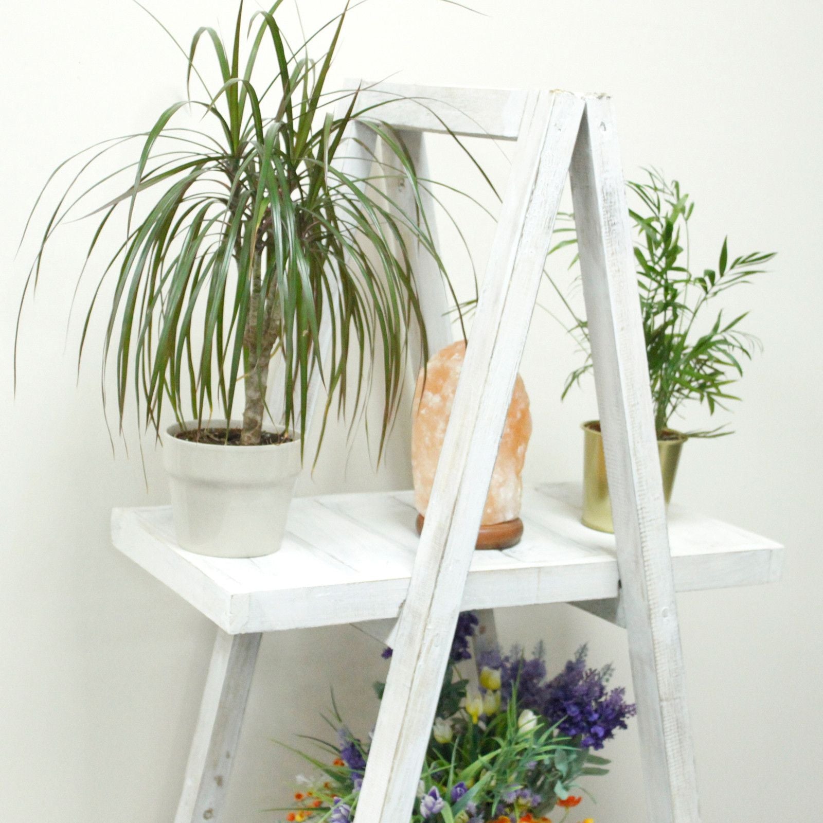 Folding Rustic Wood A-Frame Display Shelf – Whitewashed – front product view of rustic wooden storage