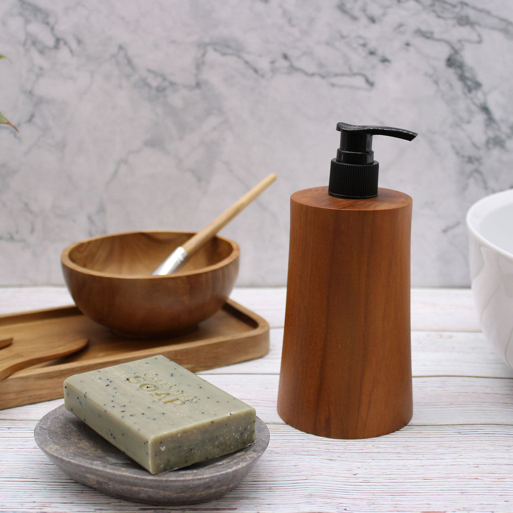 Natural Teak Wood Refillable Soap Dispenser – Taper – detail view 7 of teak soap dispenser