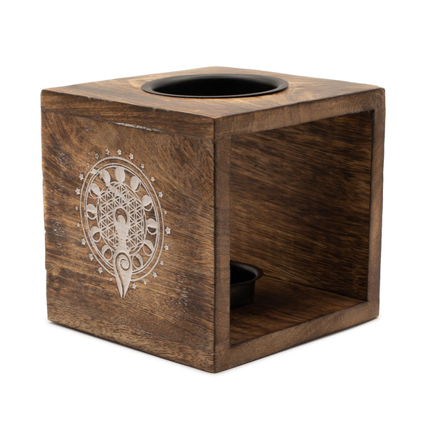 Large Square Mango Wood Oil Burner with Engraved Moon Goddess – product view