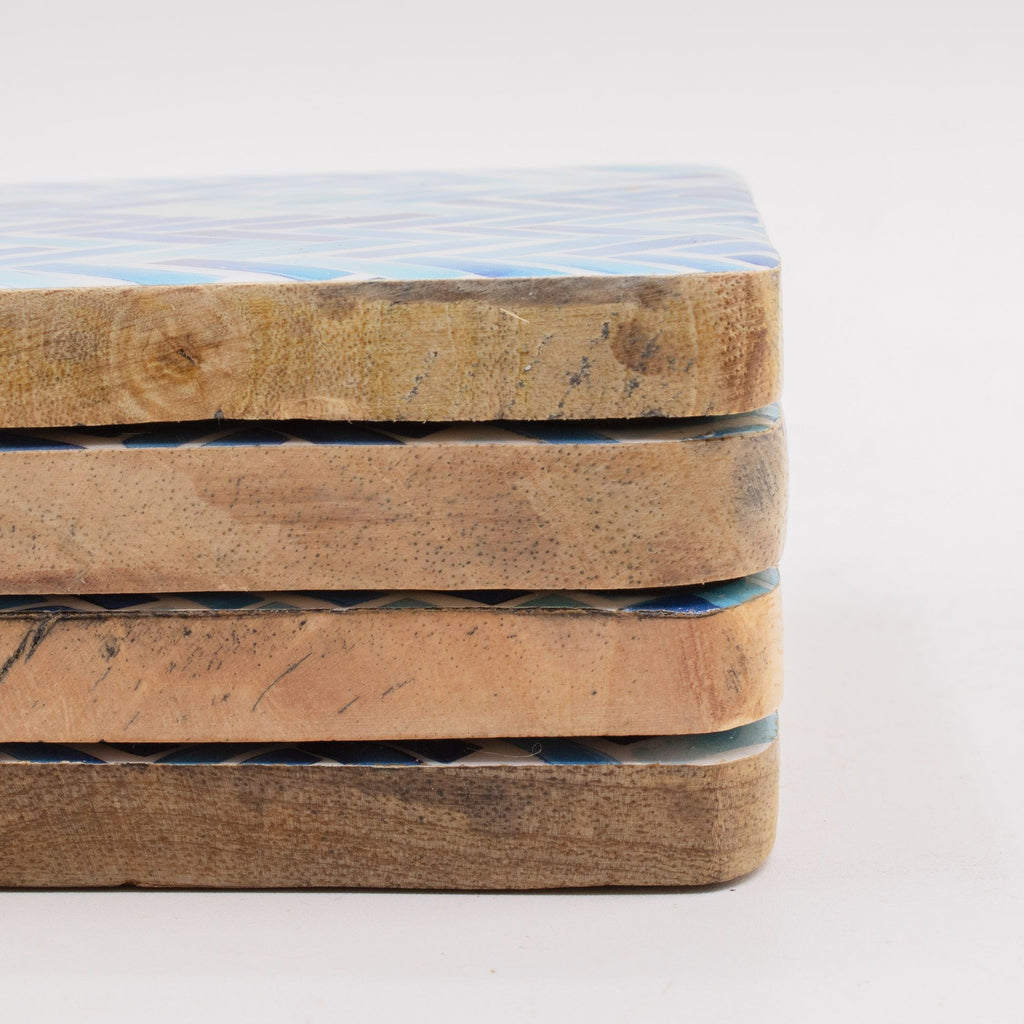 Set of 4 Square Coasters – Blue Stripes – detail view 4 of mango wood tableware