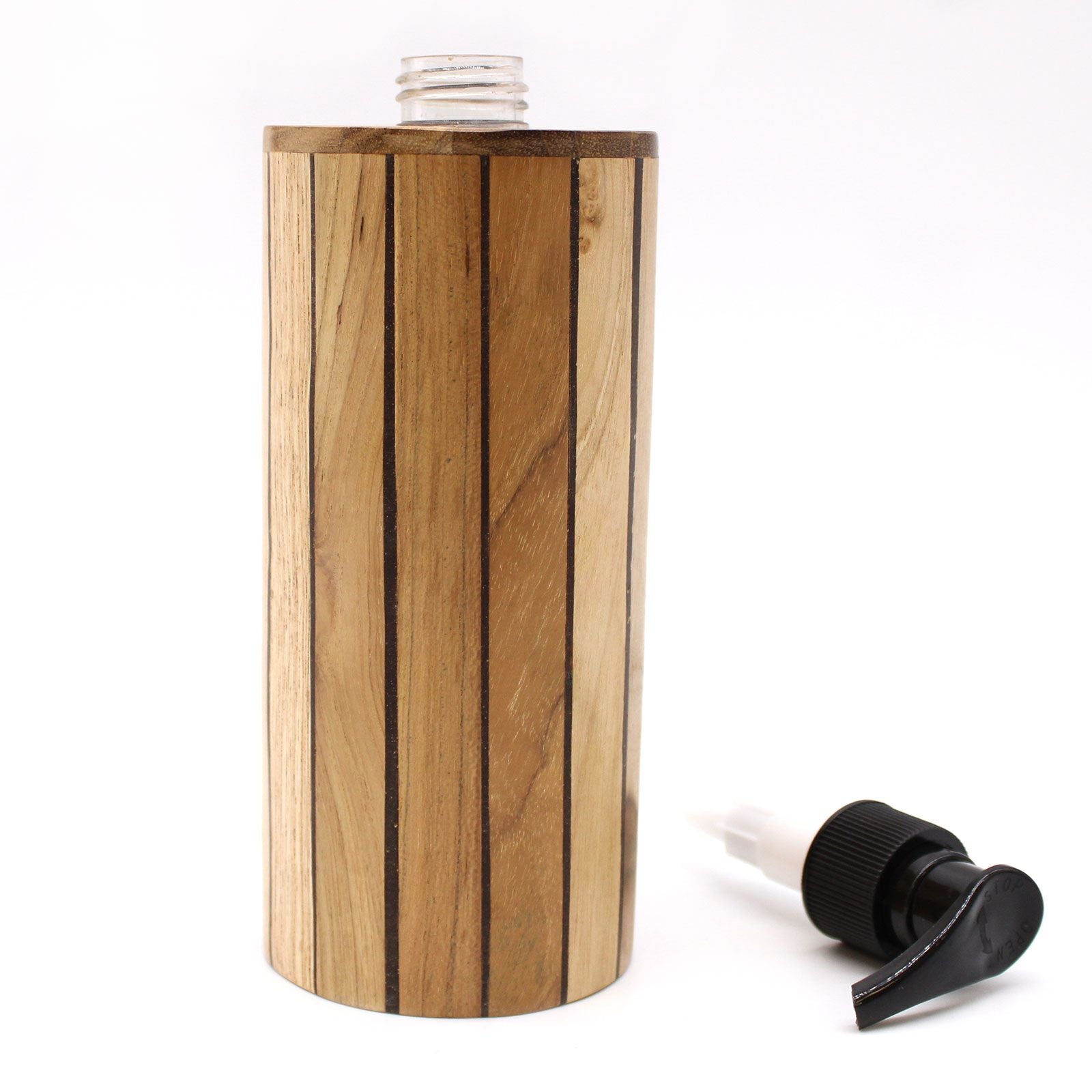 Natural Teak Wood Refillable Soap Dispenser – Round – detail view 7 of teak soap dispenser