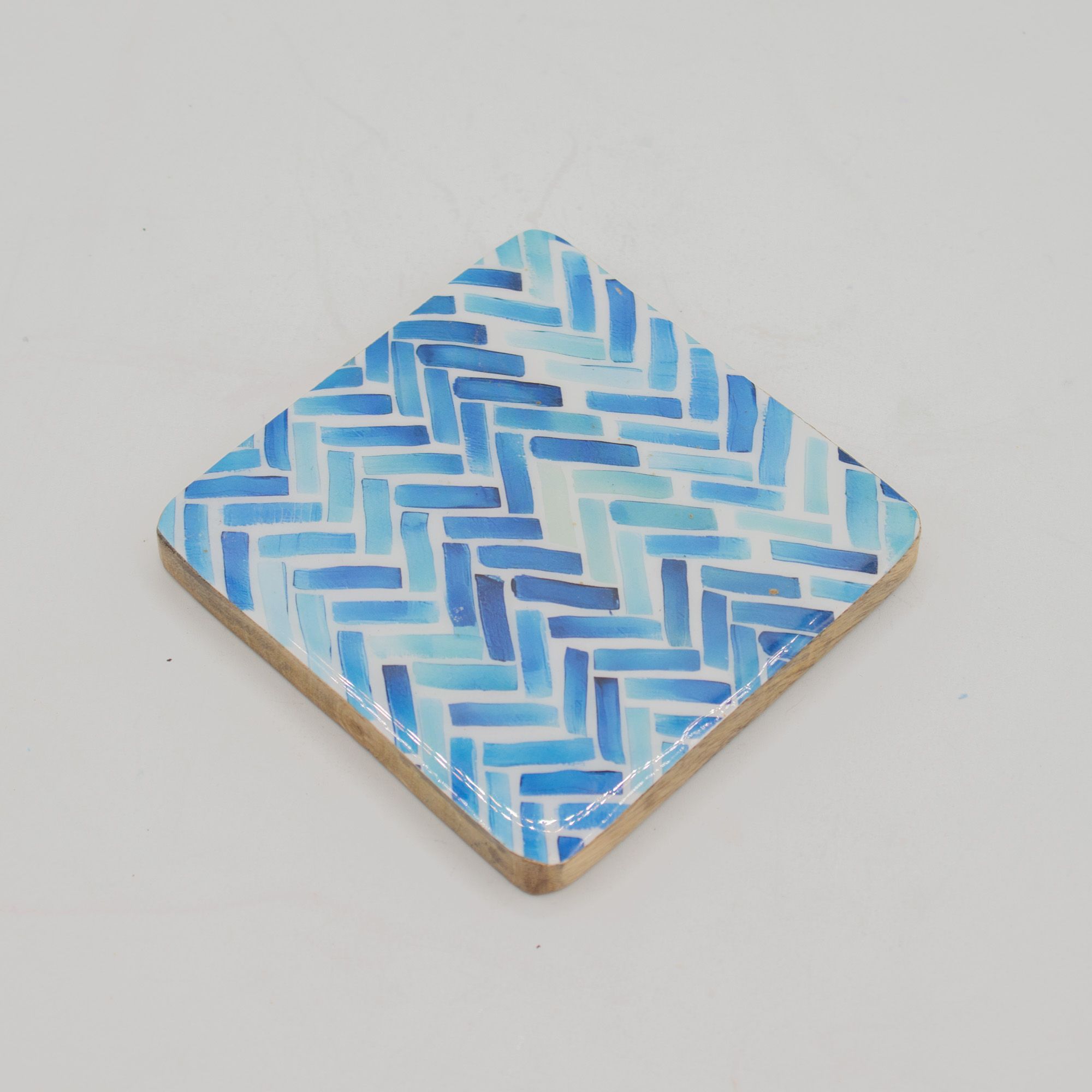 Set of 4 Square Coasters – Blue Stripes – detail view 6 of mango wood tableware