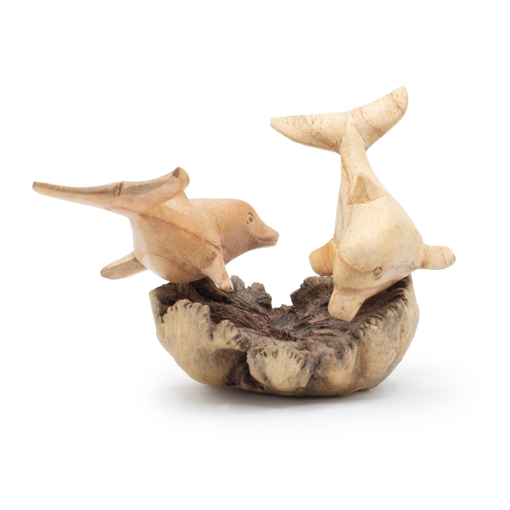 Hand-Carved Parasite Wood Playing Dolphins Sculpture – detail view 2